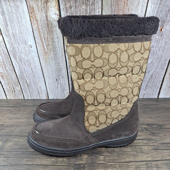 Coach Sherman Signature Brown Faux Fur Winter Boots Women's Sz 8.5 B (NWT) - Picture 1 of 8